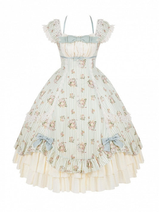 Floral Print Square Neck Dress with Bow Accents - With PUJI