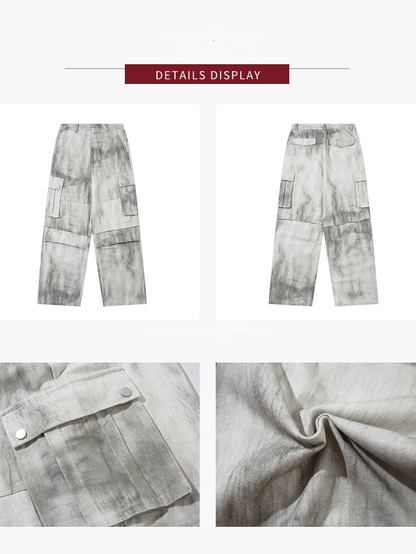 Cargo-Jeans mit weitem Bein und Utility-Taschen Weiß Grau Tie-Dye
