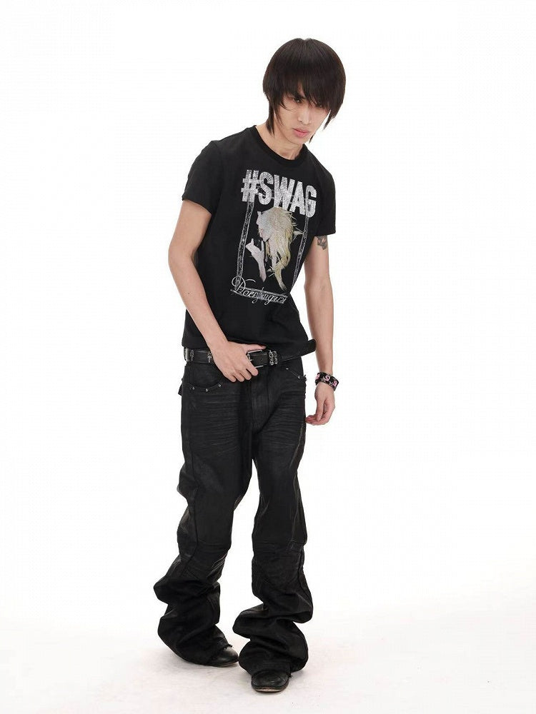 Genderless Punk Black Tee with Girl Rhinestone Print - DETW OnLine