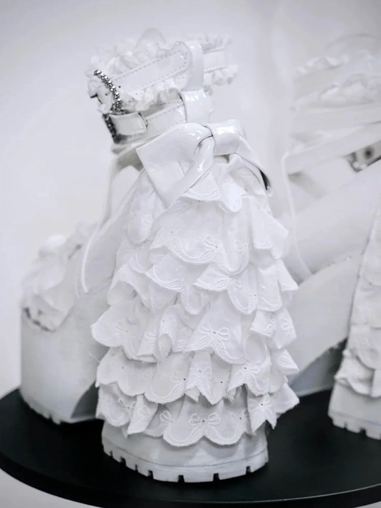 Leather High Gothic Detail PU Heels Block Bow Knotted with White