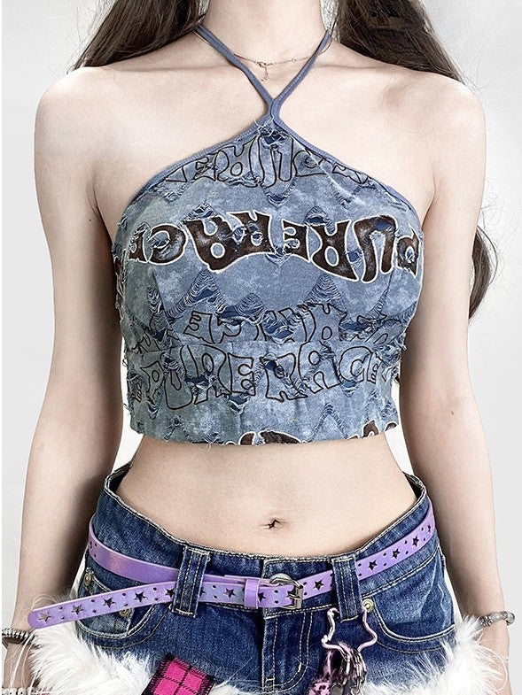 プリントホルターネックトップレターかわいいビタースイートブルーグラマラス