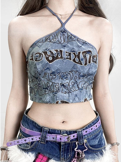 プリントホルターネックトップレターかわいいビタースイートブルーグラマラス