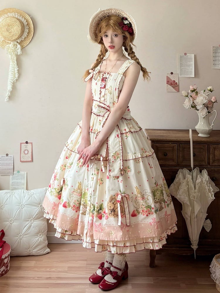 Lolita-Modekleid mit Blumenmuster und rosa Saum, Bunny Print House, Erdbeere und