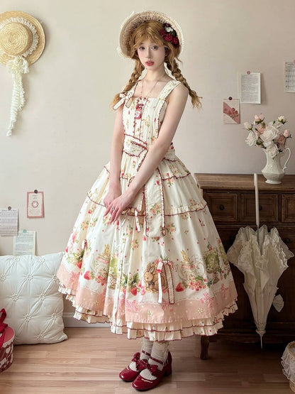 Lolita-Modekleid mit Blumenmuster und rosa Saum, Bunny Print House, Erdbeere und