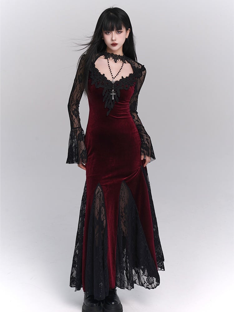 Black/Wine Red Gothic Lace Bell Sleeves Velvet Mermaid Dress