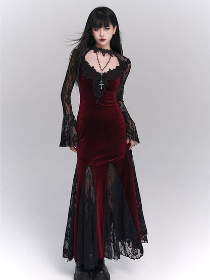 Black/Wine Red Gothic Lace Bell Sleeves Velvet Mermaid Dress