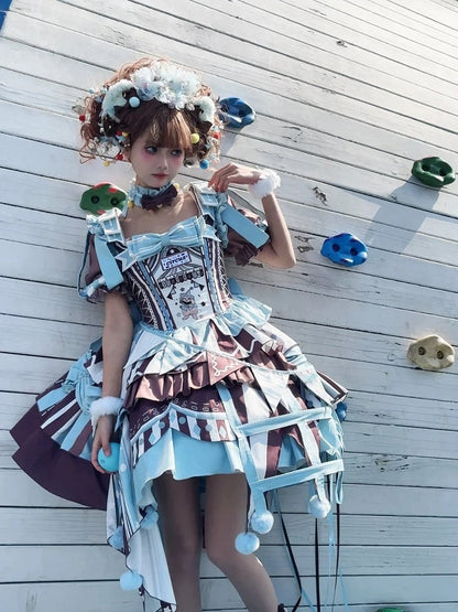 Brown Skirt Sleeves Detachable with Embroidery Dress Circus Lolita Jumper Bunny Blue Sweet Puff and