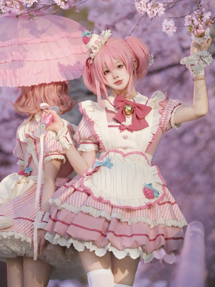 Strawberry Theme Sweet Lolita OP with Apron, Sakura Pink Striped Pattern - Sakurahime