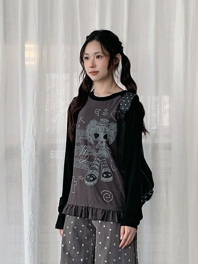Colorblock Round Neck Long Sleeve Ruffle Hem Top with Cartoon Print - Solkatt