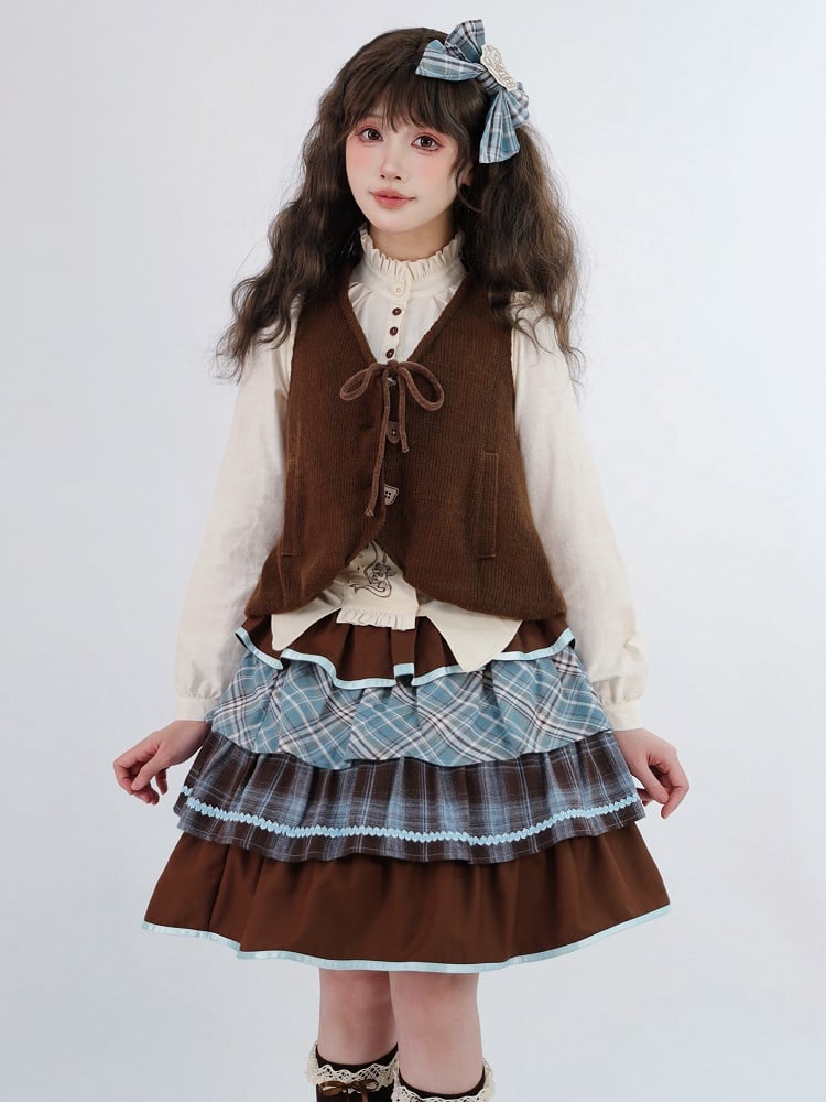 Set Blouse Blue Sweet Plaid Ruffles Tiered Lolita + Waistcoat Skirt Brown