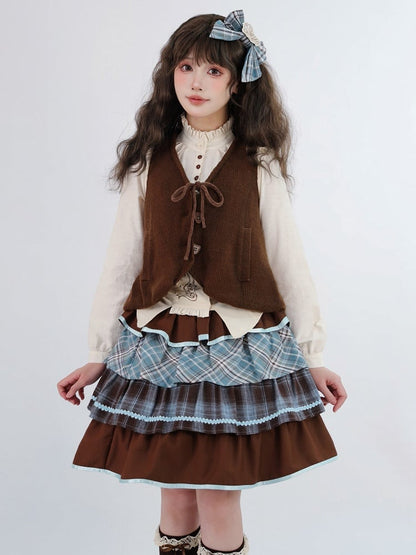 Set Blouse Blue Sweet Plaid Ruffles Tiered Lolita + Waistcoat Skirt Brown