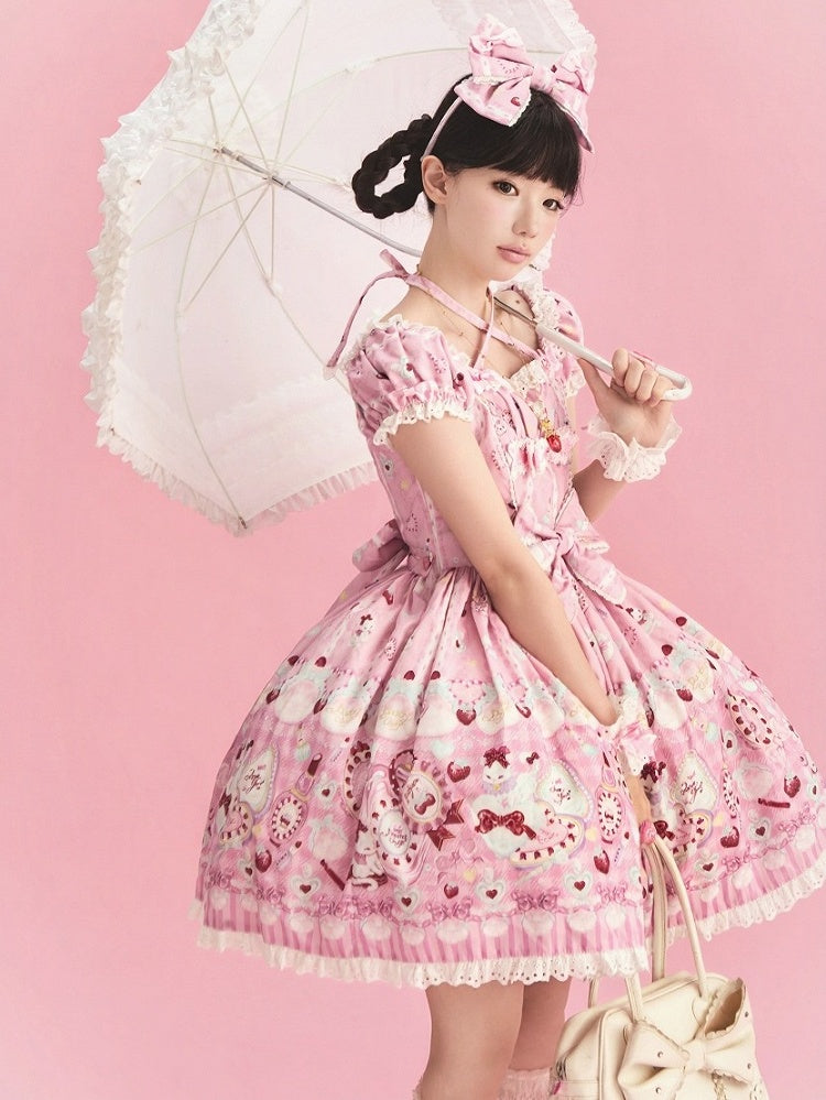Cat Print Rose Sweet Lolita OP Dress with Removable Crisscross Halter Straps - Pastry Chef