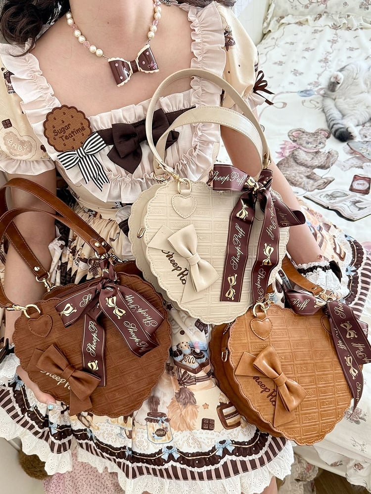 Pattern Accent Heart-shaped Sweet Lolita Style Carry Bag Chocolate Dark Brown - with Bow Triple
