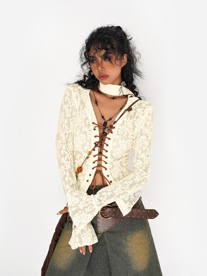 Embroidery  Bell Sleeves Beige Flocked Mesh Floral Lace-up Blouse with