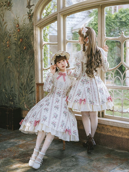 Beige Floral Print Refined Lolita OP Dress with Bow & Lace Accents - Miss Cube Dressworks