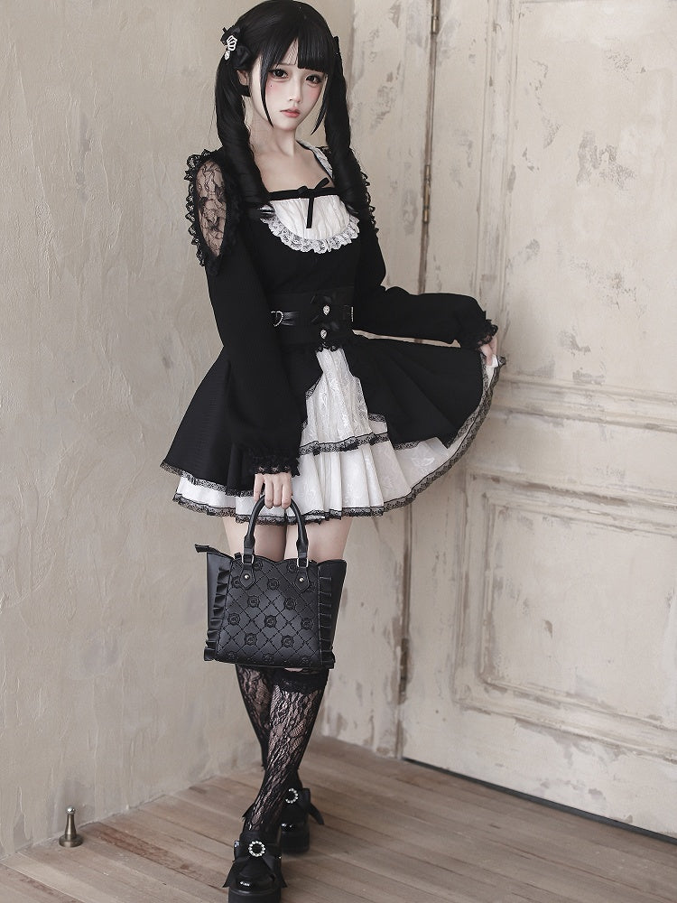 / Kei Lace White Waist Maid Cutouts Aesthetic Core Jirai Skirt High Shoulder Top - Black Tiered