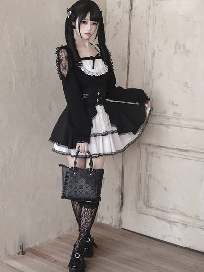 / Kei Lace White Waist Maid Cutouts Aesthetic Core Jirai Skirt High Shoulder Top - Black Tiered