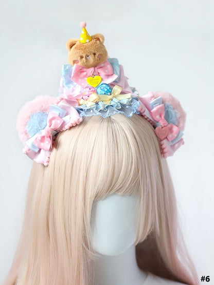 Lolita Hairclip/Hairband/KC/Mini Pink Plush Sweet Blue Bear Hat Bowknot Ear