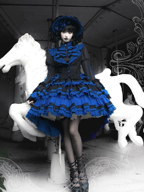 Weste Rock Gothic und Shirt + Ärmel Lolita High Waist Blau Schwarz Glocke - Set Klein