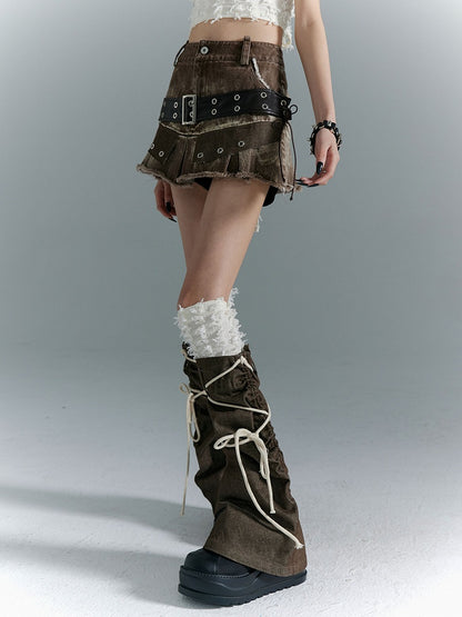Leg Warmers with White Brown Punk Trim  Self-tie Straps
