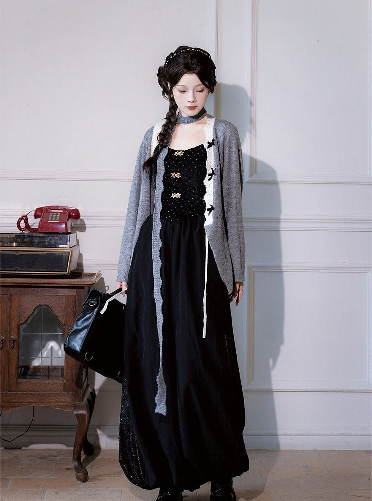 Gray Outerwear with White Trim & Bowknot Details - Luo Xiu Dong Xiang
