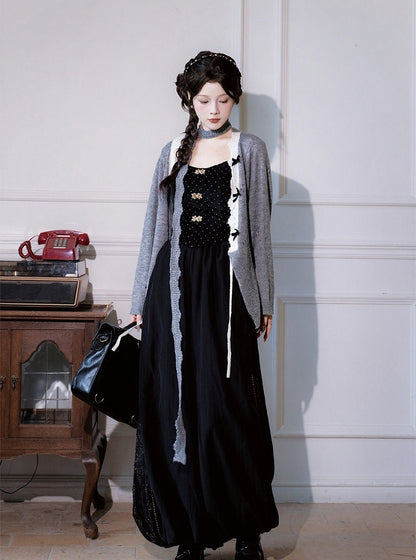 Gray Outerwear with White Trim & Bowknot Details - Luo Xiu Dong Xiang