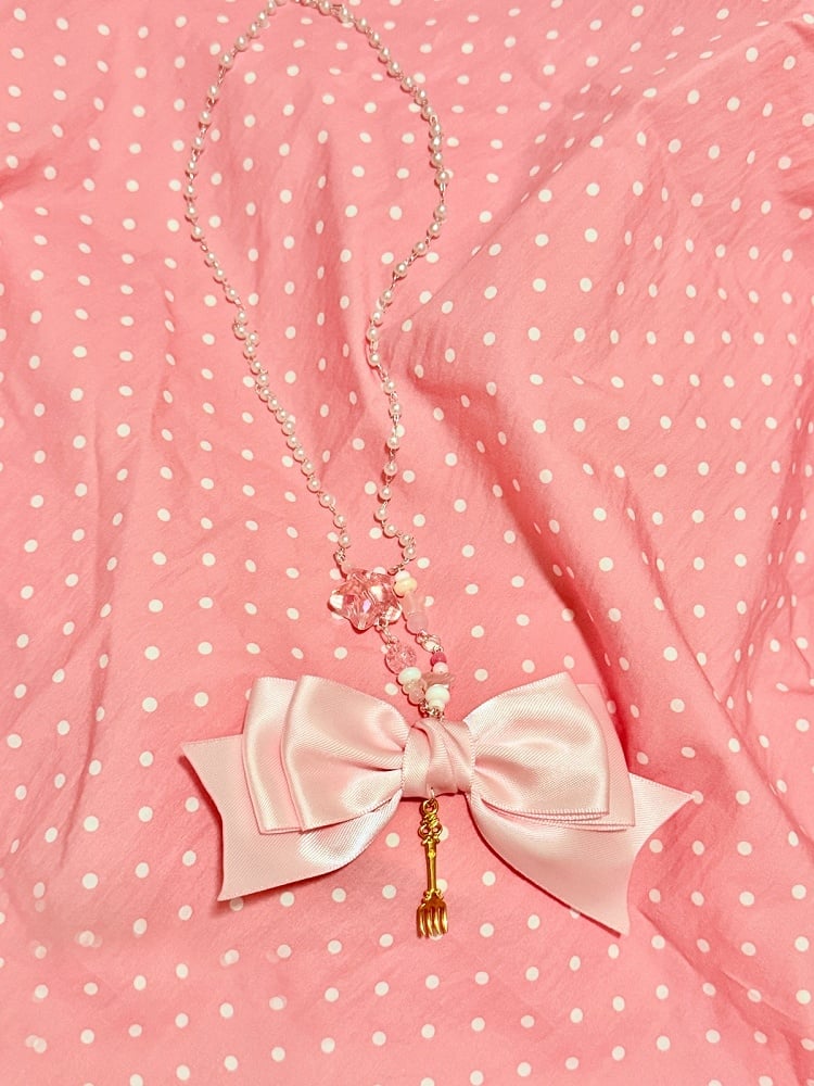 Pink Yellow Blue Beaded Necklace with Bow Accent - Good Night Meow