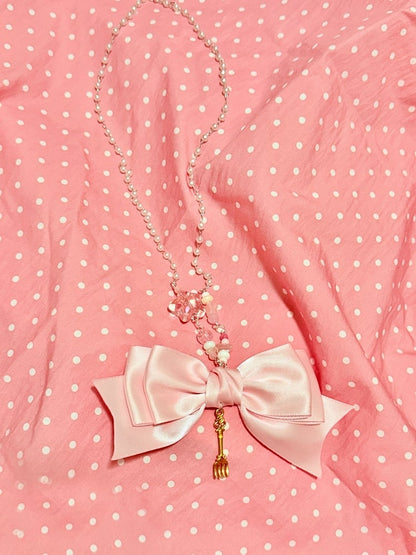 Pink Yellow Blue Beaded Necklace with Bow Accent - Good Night Meow