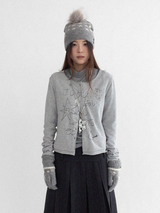 Neck Button Front Print with Cardigan Round - Grey Kawaii Letter Bunny Daily