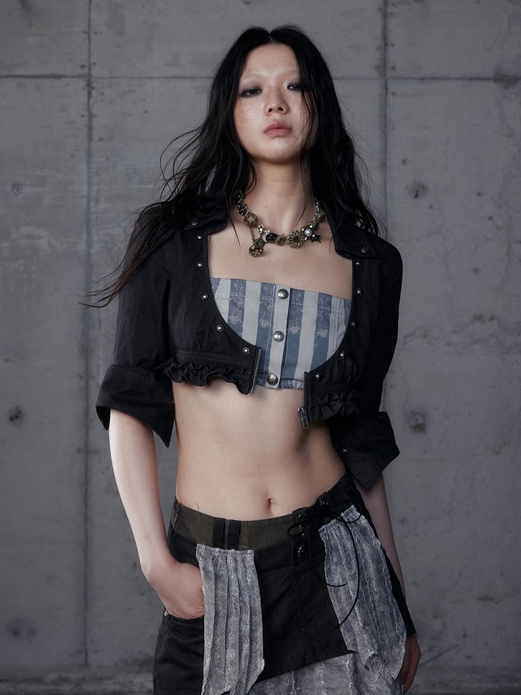 Gray Shirt: Length Underbust Vintage with Cropped Punk Black