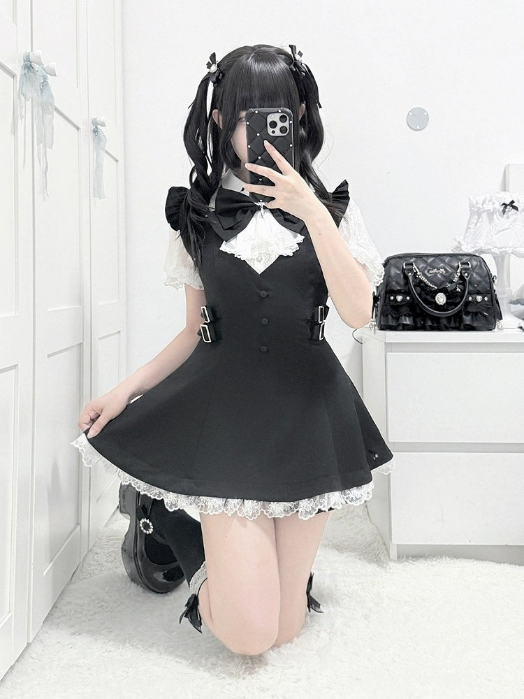Jabot Black Jirai-Kei Plaid Short Sleeve Gown with Lace Bow Accents + Matching Shorts Set - Puzzles