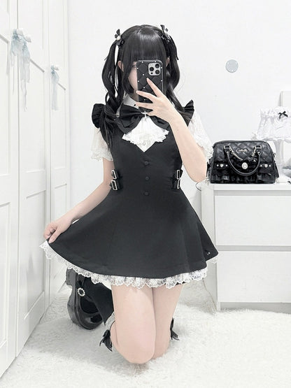 Jabot Black Jirai-Kei Plaid Short Sleeve Gown with Lace Bow Accents + Matching Shorts Set - Puzzles