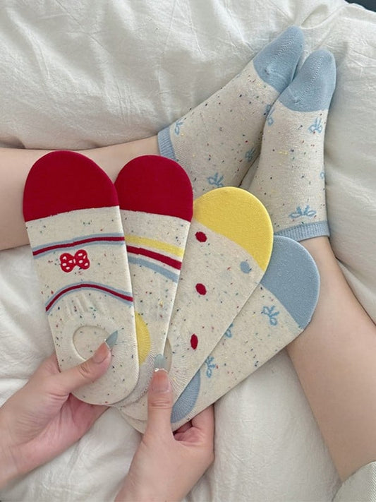 Cake/Apple/Bear/Puppy/Bowknot/Polka-dot/Striped Pattern/Floral Options Socks Ankle Colorful Print 17 With