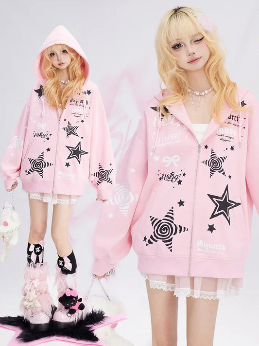 Pink Stars Print Spring Zip Hoodie