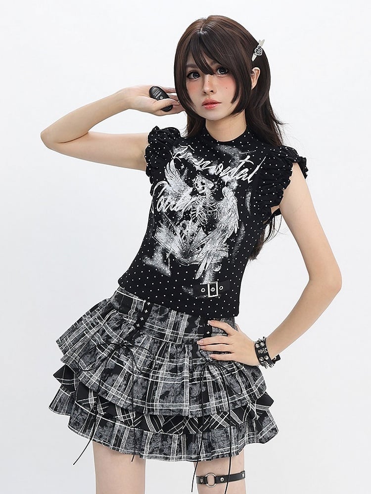 Black White Flutter Sleeve Top with Angel Skeleton Print - Catwish