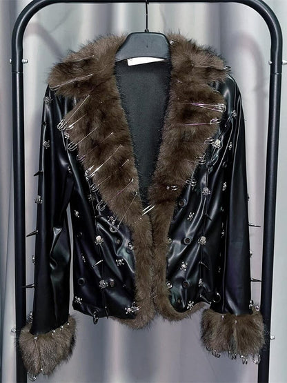 ピンスタッドブラウンとジャケットパンクブラック装飾スケルトンウェイストランドPU