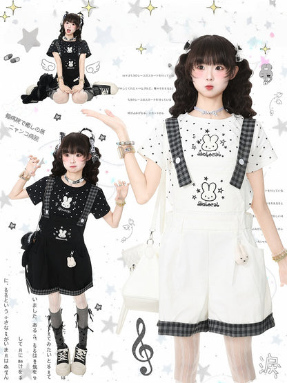 Black Plaid Overall Shorts with Bunny Embroidery - Languid Park