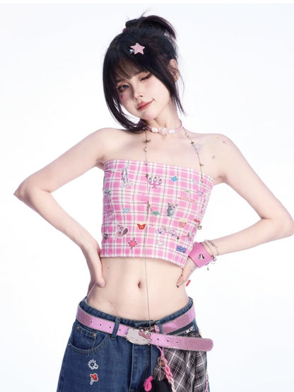 ストラップレストッププリントのかわいい子猫のステッカー付きピンクチェック柄クロップド丈