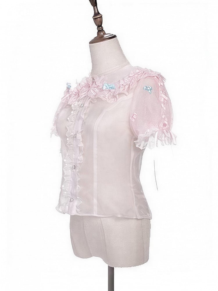 Pink Lace Trimmed Peter Pan Collar Sweet Lolita Sheer Blouse with Bows - Meng Fu Zi