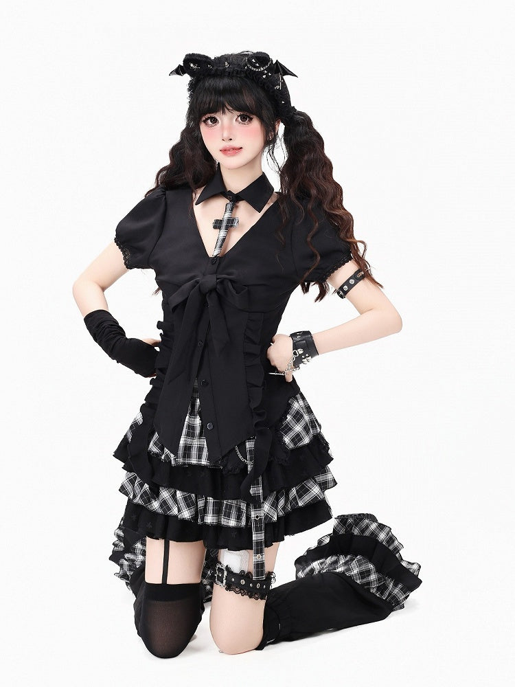Dark Kawaii Black Detachable Collar Puff Sleeve Blouse with Ruffle Trim - CRAZY GIRL