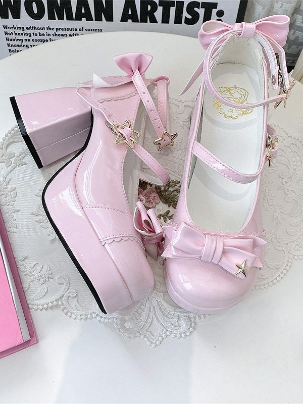 Top at Lolita Pink Heel Mary Star Bow PU - Janes Details 8cm Elegant