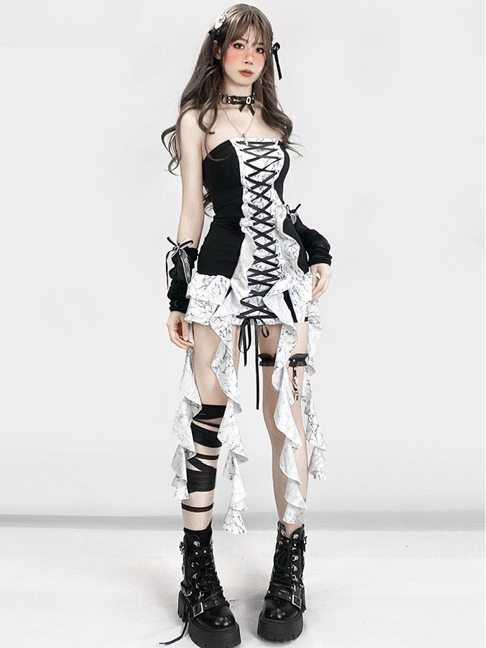 Strapless BlackWhite Glamorous Y2K Trim Lace-up Cascading Detail Dress Ruffle