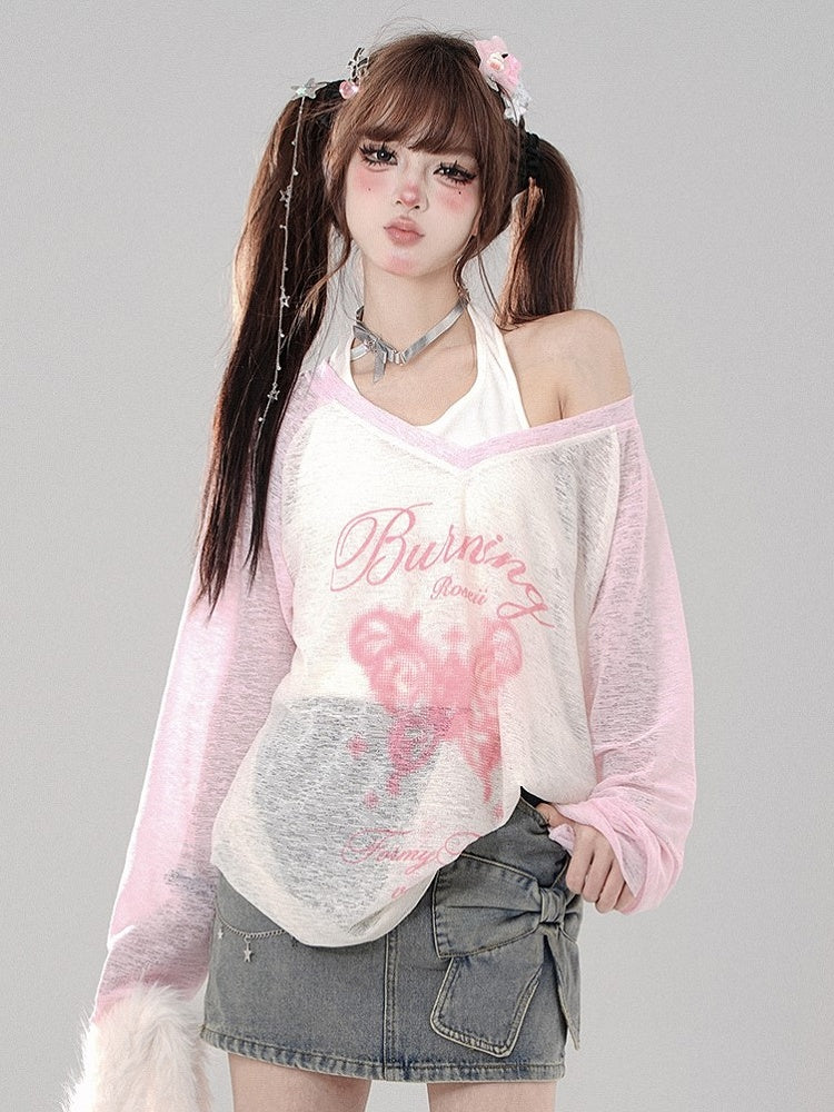 Butterfly-Letter Set Pink Sheer White Top Print Halter