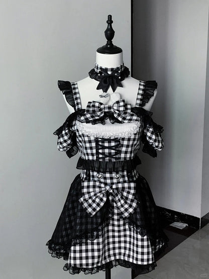 Off-the-shoulder Choker Bowknot+ Design Bunny Waist Plaid Idol High Neckline Skirt+ Set- Ears + Top Jirai Kei Black