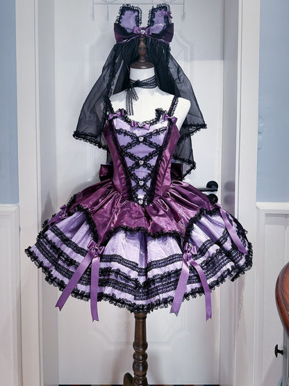 Black Dress Fluffy Waist Lolita Purple Accents with Sweet Basque Bow