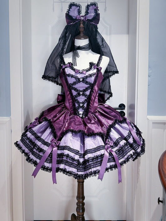 Black Dress Fluffy Waist Lolita Purple Accents with Sweet Basque Bow