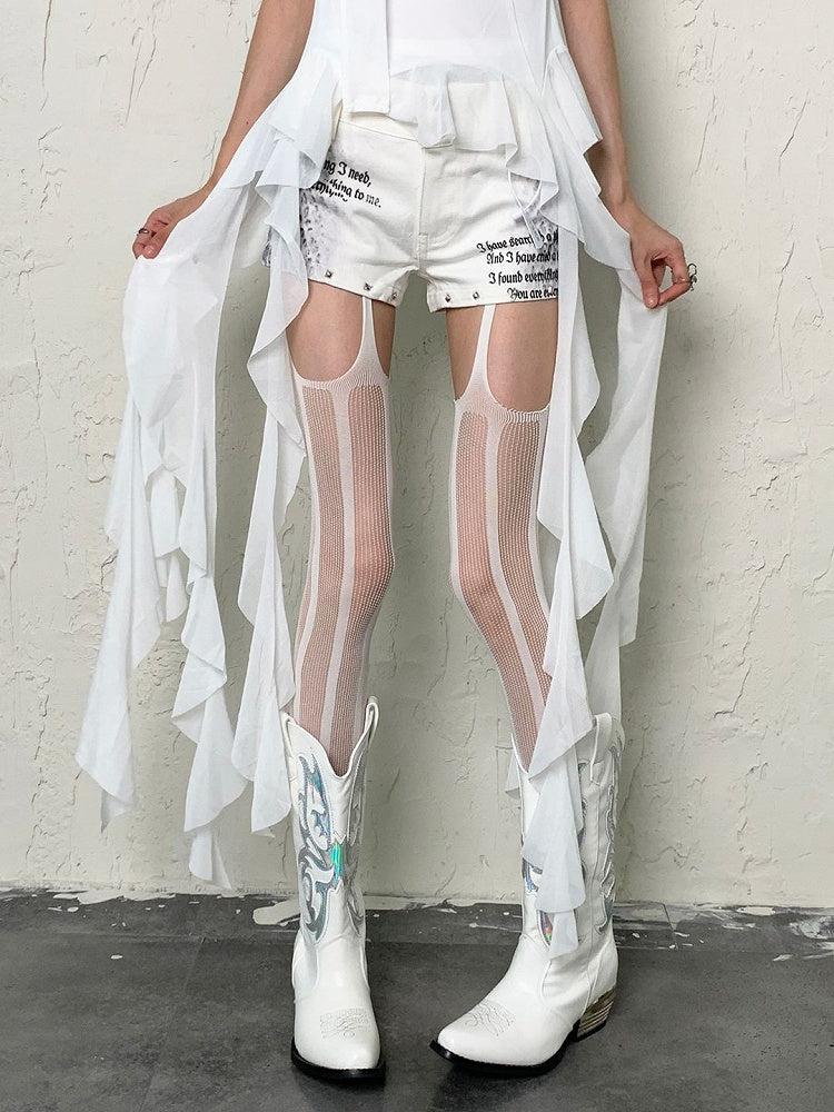 Tights Pattern Y2K White/Black Striped Suspender Fishnet