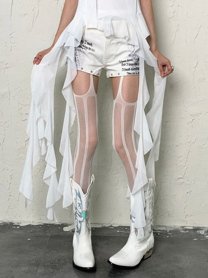 Tights Pattern Y2K White/Black Striped Suspender Fishnet