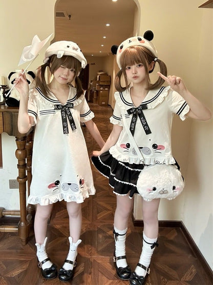 Cute Seal White Sailor Collar Short Sleeve T-Shirt with Bow and Ruffle - To Alice