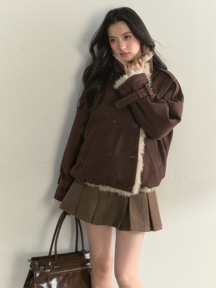 Vintage Double-sided with Brown Cuffs Faux Buckle Jacket Fur